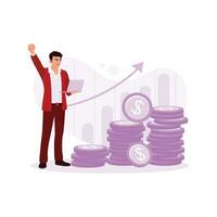 The businessman is standing holding a laptop with a growing stack of coins. Passive Income concept. trend modern vector flat illustration