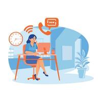 Young businesswoman busy working in front of the computer and making calls with her clients. Employee Making concept. trend modern vector flat illustration