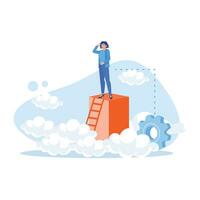 A young businesswoman is standing on stairs looking into the distance with clouds and trees in the background. Career Development Concept. trend modern vector flat illustration