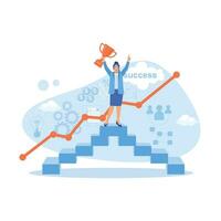 mujer de negocios en pie en un escalera que lleva un trofeo hacia éxito. carrera desarrollo concepto. tendencia moderno vector plano ilustración