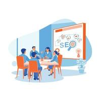 The manager and coworkers have a meeting in the office room. Manager briefs on SEO web optimization for online retail business. SEO concept. trend modern vector flat illustration