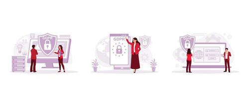 Business people protect their data. General Data Protection Regulation, GDPR. Protect personal data. General Privacy concept. Set Trend Modern vector flat illustration