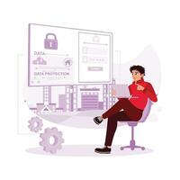 Programmer working in front of laptop accessing secure internet future technology and cybernetics.  trend modern vector flat illustration