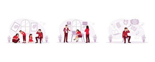 Parents are frustrated with their children, reprimanded by the manager for poor work results, and exhausted by paperwork deadlines. Frustrated concept. set trend modern vector flat illustration