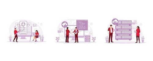 Database concept. Human resource management. Analyze data information. Path to Digitalization of Streaming Information Via Server. SAAS. Set Trend Modern vector flat illustration