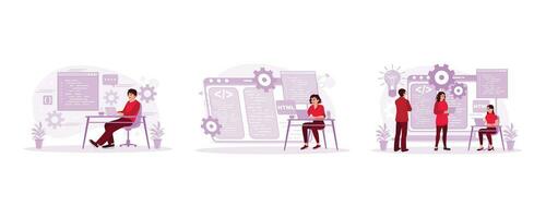 Application developers work in front of a computer screen. Female IT developer working. Computer programmers work in start up companies. Programmers concept. Set Trend Modern vector flat illustration