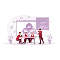 Group of young engineers and IT experts working in modern office developing software. DevOps Developers concept. Trend Modern vector flat illustration