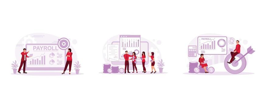 Payroll concept. Create financial graphs and charts towards targets. Congratulations to the employees. I am calculating office employee salaries. Set Trend Modern vector flat illustration