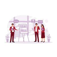 Businessman giving educational workshop presentation in office. Ask each other questions and answers during the presentation. Presentation concept. trend modern vector flat illustration