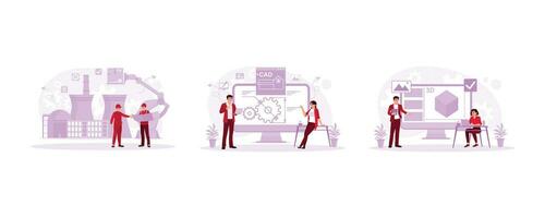 Two young engineers standing in an industrial manufacturing factory. The male project manager explains the specifics of his job. They are designing 3D machine models. Engineering concept. vector