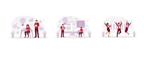 Exchange ideas. Female UX Architect Discussing with Male Design Engineer. A successful partnership team celebrates achievements. Employees Working concept. Set Trend Modern vector flat illustration