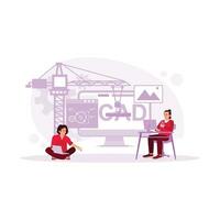 Team of Architects and Engineers Work on Building Complex Prototype Project, Using City Models and Computers Running 3D CAD Software. Architect concept. Trend Modern vector flat illustration