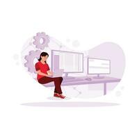 Brilliant female IT programmer working in data centre system control room. trend modern vector flat illustration