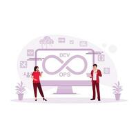 Male and female IT experts stand before computer screens with dev ops icons. Developing software on laptops and mobile phones. DevOps Developers concept. Trend Modern vector flat illustration