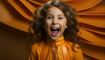 sonriente caucásico niña en amarillo vestir irradia felicidad y alegría generado por ai foto