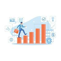 A businessman walks up the stairs carrying a briefcase on a background of business icons. Career Development Concept. trend modern vector flat illustration