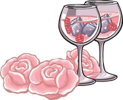 festive pink champagne with glasses, ice and raspberries and roses illustration vector