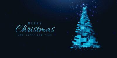 Christmas tree made of geometric shapes, lights and sparkles. Cyber Christmas or Happy New Year concept. Vector tech background.