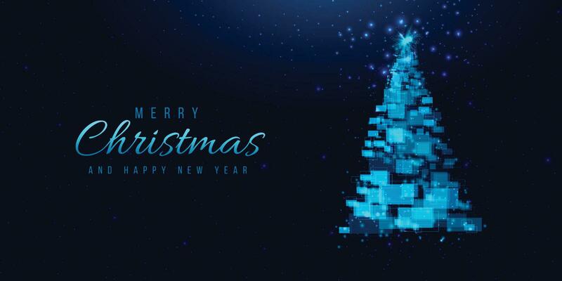 Christmas tree made of geometric shapes, lights and sparkles. Cyber Christmas or Happy New Year concept. Vector tech background.