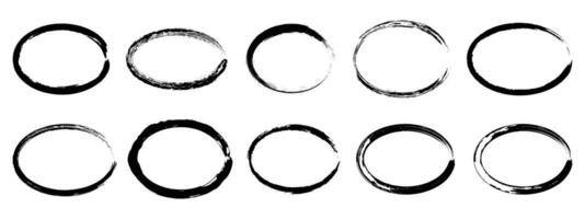 Set of ellipse frames form, grunge design elements with distress texture. Black brush stroke. Vector illustration isolated on white background.