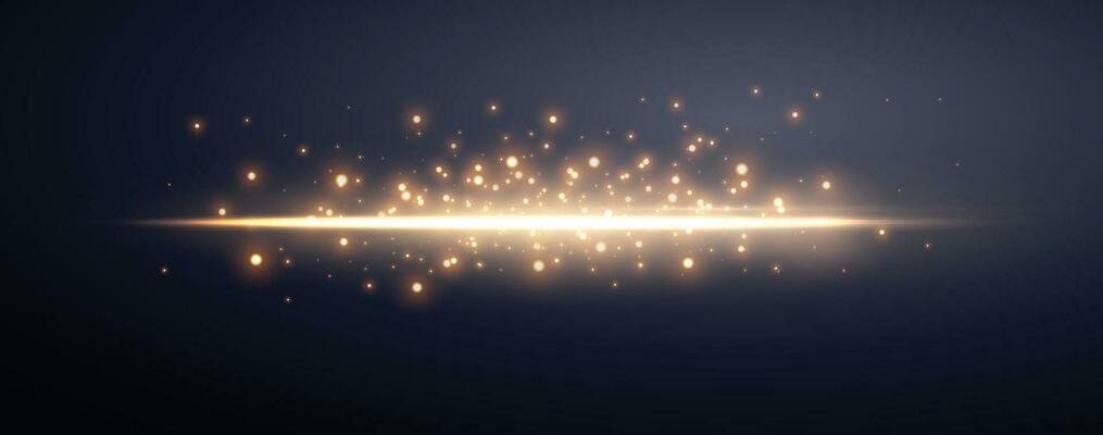 Gold horizontal lensflare. Light flash with rays or gold spotlight and bokeh. Yellow glow flare light effect. Vector illustration. Isolated on dark transparent background.