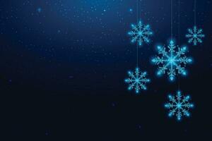 Hanging wireframe snowflakes in low poly style. Christmas and New Year concept. Abstract modern vector illustration isolated on blue background.