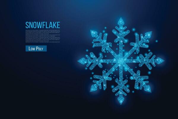 Snowflake, wireframe low poly style design. Merry Christmas and New Year concept. Wireframe glowing low poly design on a blue background. Abstract futuristic vector illustration