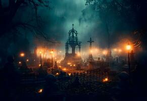 Cemetery with lanterns at night. Halloween background. Generative AI. photo