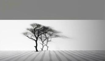 negro y blanco resumen antecedentes con un aislado árbol y sus sombra. ai generativo foto