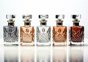 Elegant perfume bottles, with different fragrances, on a white background. AI Generative photo