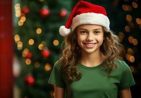 Portrait of a handsome smiling teenager girl with Santa hat. Christmas time. AI Generative photo