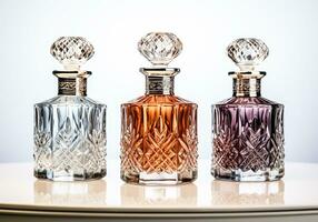 Elegant perfume bottles, with different fragrances, on a white background. AI Generative photo