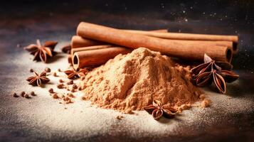 Still life of star anise and cinnamon in sticks and powder. AI generated photo