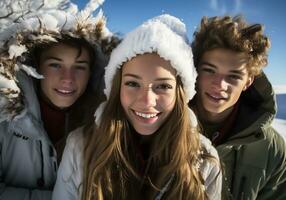 Group of young people in winter landscape. Cold time. AI generated photo