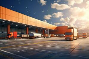 3d representación de camiones a el aeropuerto terminal con puesta de sol cielo fondo, realista hacer de logístico negocio transporte almacén muelle estación, ai generado foto
