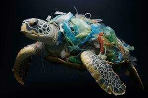 verde mar Tortuga con el plastico residuos en oscuro antecedentes. contaminación concepto, retratar el devastador efectos de el plastico contaminación en marina vida, enfatizando el necesitar para, ai generado foto