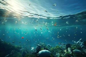 submarino escena con peces y coral arrecife. 3d prestar, el plastico contaminación en el mar. global calentamiento concepto. 3d representación, ai generado foto