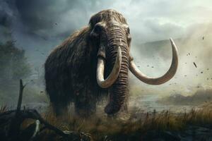 3d rendering of a big mammoth standing at the edge of a lake, Prehistoric mammoth, AI Generated photo