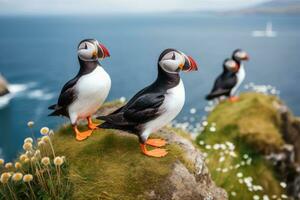 Puffins on a cliff in the Faroe Islands, Denmark, Puffins sitting on a rock in front of the sea, AI Generated photo