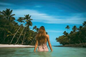 joven mujer en un tropical playa con palma arboles y turquesa agua, posterior ver de un joven hermosa mujer teniendo divertido en tropical costa, ai generado foto
