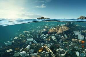 el plastico basura en el océano. ambiental contaminación concepto. 3d representación, el plastico contaminación en el mar. global calentamiento concepto. 3d representación, ai generado foto