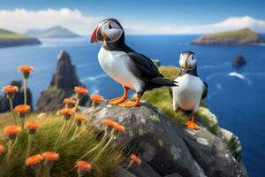 Puffins on the cliffs of Skomer island, Faroe Islands, Puffins sitting on a rock in front of the sea, AI Generated photo