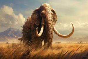 3d illustration of a mammoth in the savannah with mountains in the background, Prehistoric mammoth, AI Generated photo