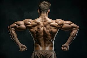 Handsome bodybuilder posing over dark background. Back view, Rear view of a muscular young man with arms stretched out, detailed muscles, AI Generated photo