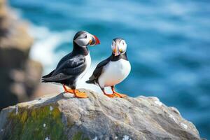 Puffins on the cliffs of Saltee Island, Ireland, Puffins sitting on a rock in front of the sea, AI Generated photo