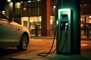 Electric car charging station at night. Selective focus. Toned, Plug the charger to power To vehicles that use electric power to drive, AI Generated photo