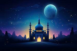 ilustración de Ramadán kareem antecedentes con mezquita, Luna y estrellas, Ramadán kareem antecedentes con mezquita y creciente Luna. vector ilustración, ai generado foto