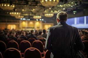 Speaker at Business Conference and Presentation. Audience at the conference hall. Business and Entrepreneurship, rear view of a cameraman with a professional digital camera in front, AI Generated photo