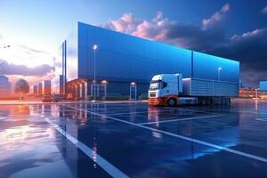 Truck on the background of the modern building. 3d rendering, Realistic render of logistic business transport warehouse dock station, AI Generated photo
