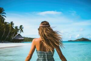 joven mujer en un vestir en un tropical playa con palma árboles, posterior ver de un joven hermosa mujer teniendo divertido en tropical costa, ai generado foto